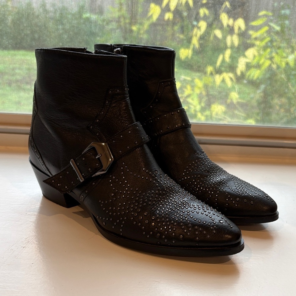 Zara Western Black Leather Micro Stud Ankle Boots - Picture 3 of 6